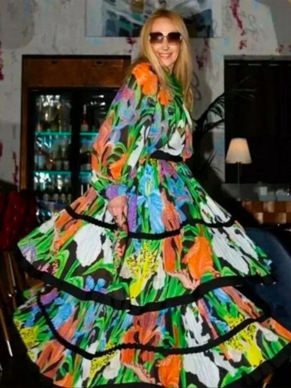 Iris Apfel X H&M Multicolored Patterned Floral Ruffle Maxi Pleated Skirt US 12